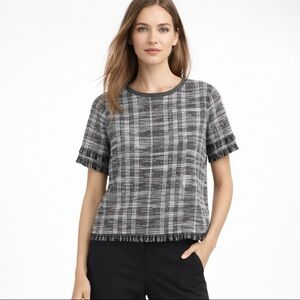 Banana Republic Tweed Plaid Fringe Short Sleeve Top Black White — Size L